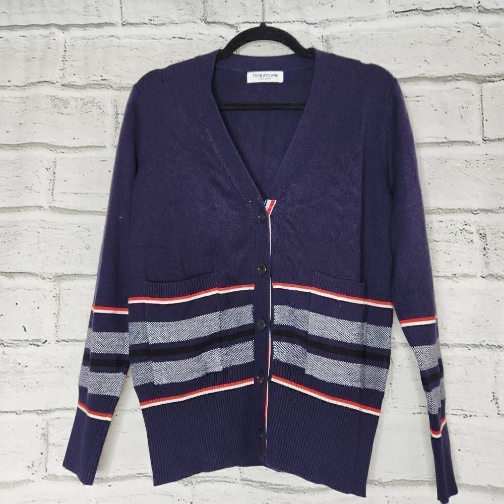 Thom Browne New York Wool Mohair Blend Striped Jacquard Cardigan Purple Medium